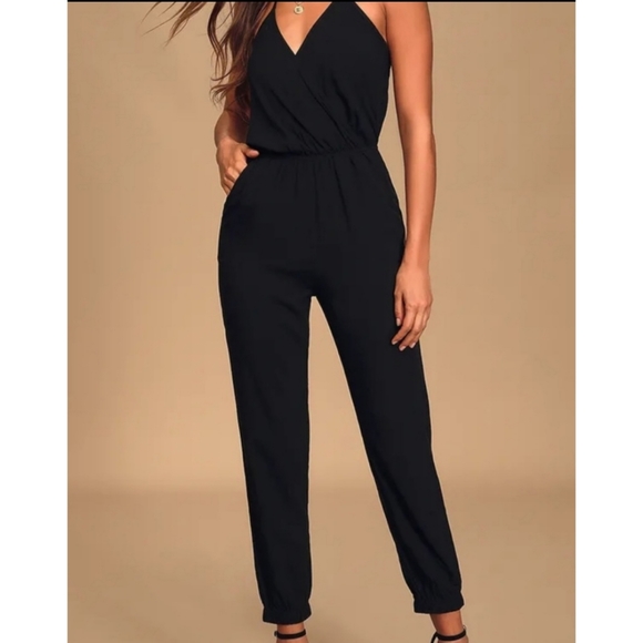 Lulus Pants - LULUS 100% Rayon Halter Black Dressy Jogger Jumpsuit Pants Women's Size Medium